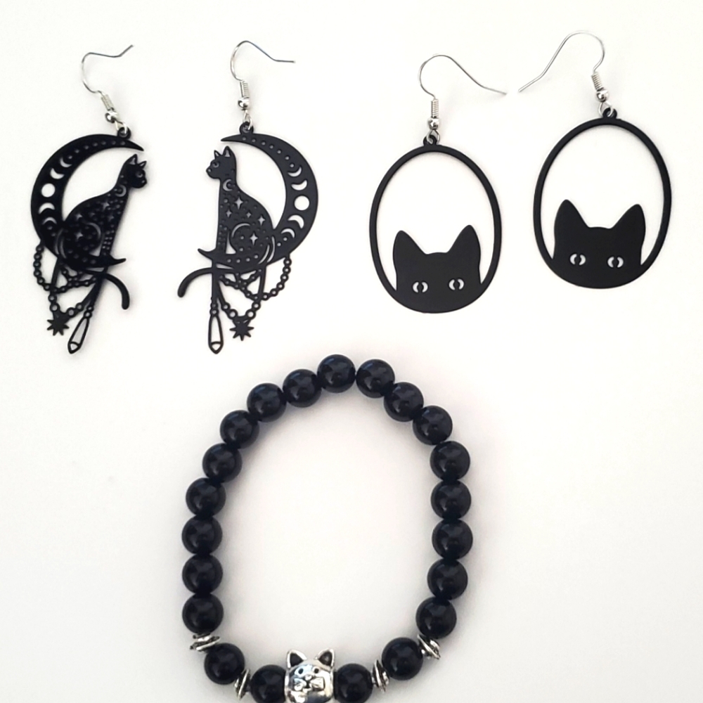 2 pairs Black Cat Dangly Earrings and 1 Natural Black Stone Bracelet